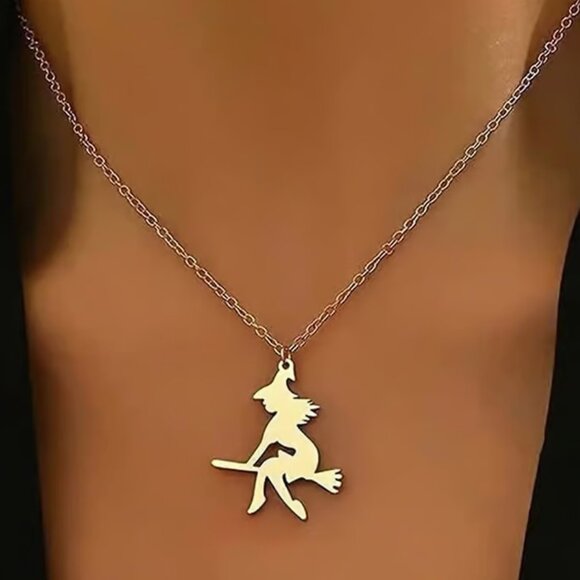Gold WITCH Halloween Pendant Necklace - Picture 1 of 3